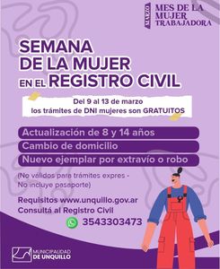 Semana de la Mujer: trámites de DNI gratuitos en Unquillo